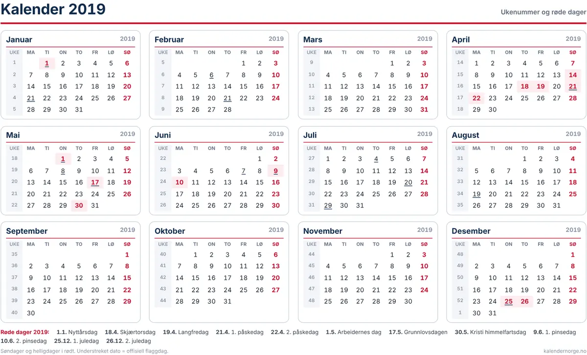 Kalender 2019 med ukenummer og helligdager til utskrift på A4
