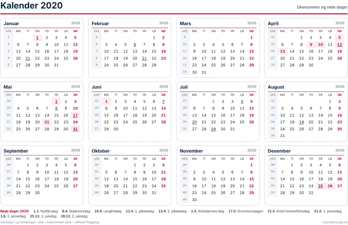 Kalender 2020 med ukenummer og helligdager til utskrift på A4
