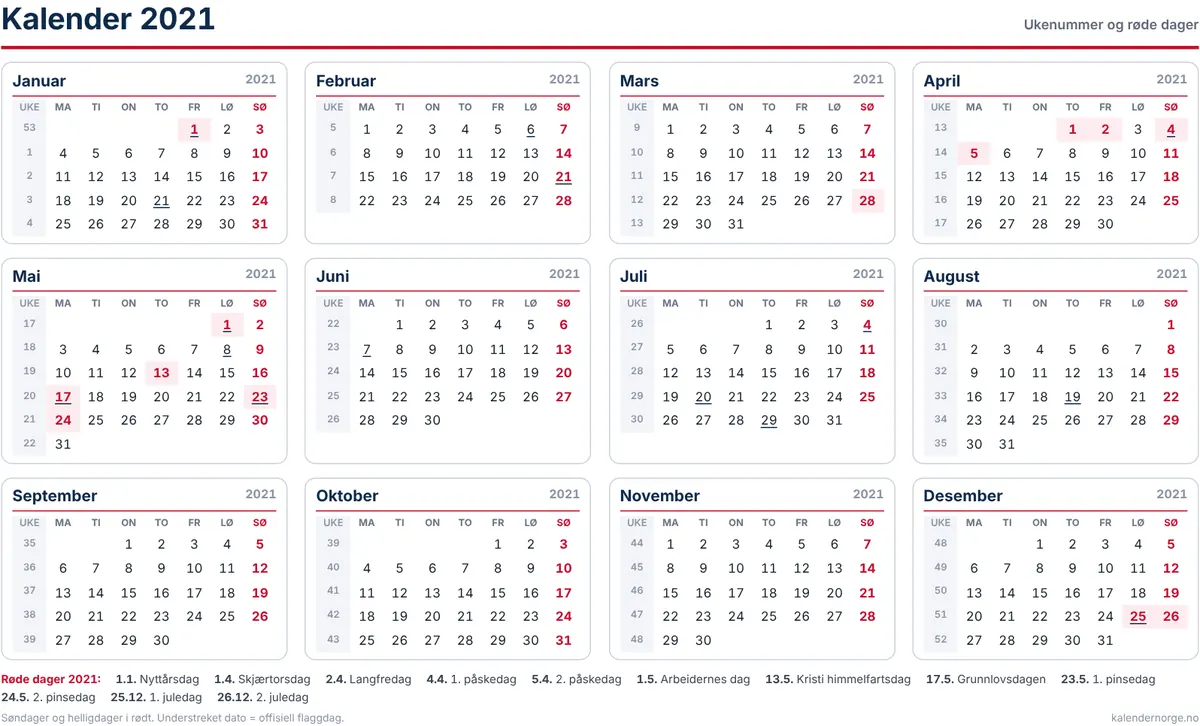 Kalender 2021 med ukenummer og helligdager til utskrift på A4