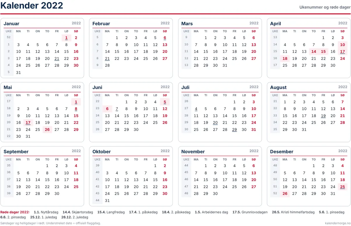 Kalender 2022 med ukenummer og helligdager til utskrift på A4