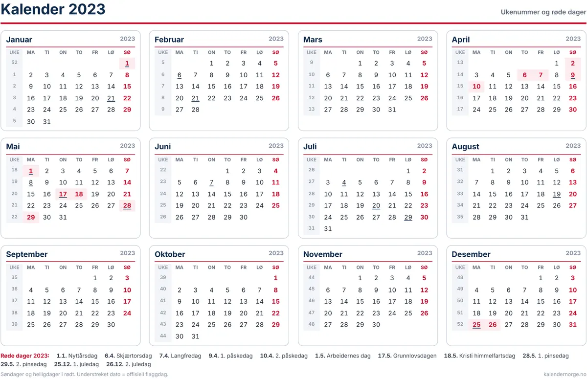 Kalender 2023 med ukenummer og helligdager til utskrift på A4