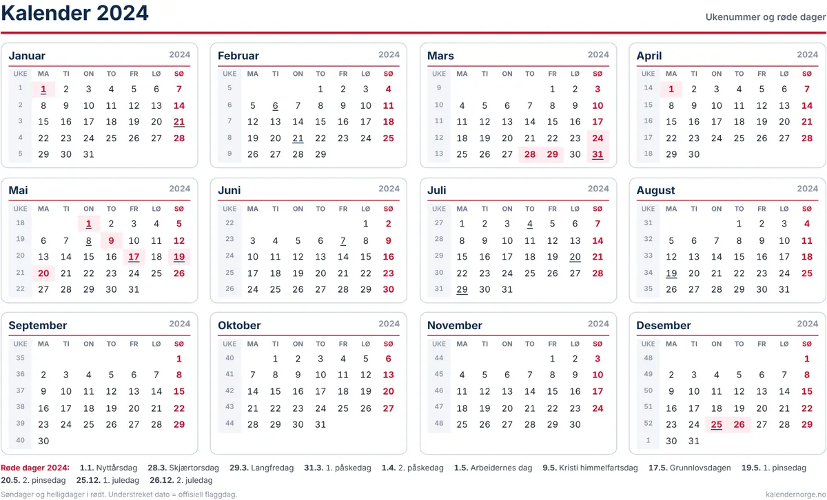 Kalender 2024 med ukenummer og helligdager til utskrift på A4