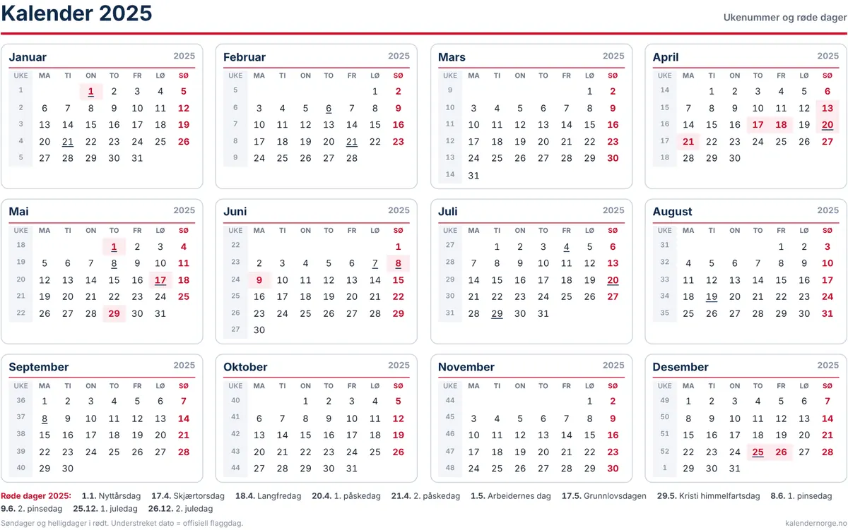Kalender 2025 med ukenummer og helligdager til utskrift på A4