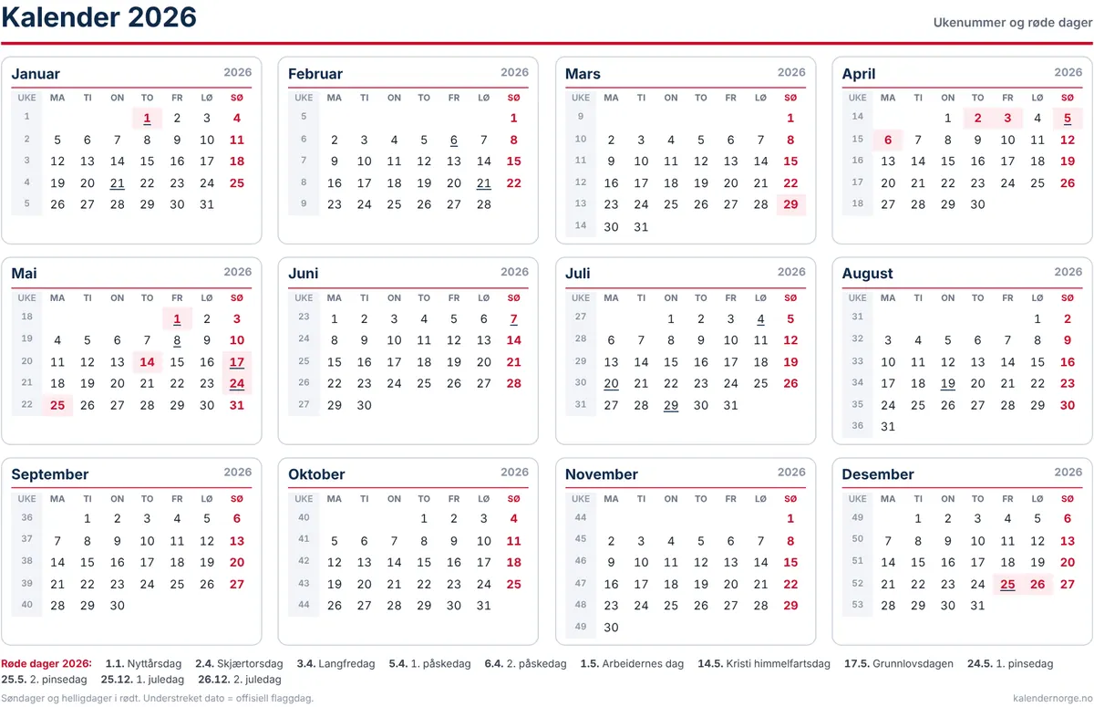 Kalender 2026 med ukenummer og helligdager til utskrift på A4