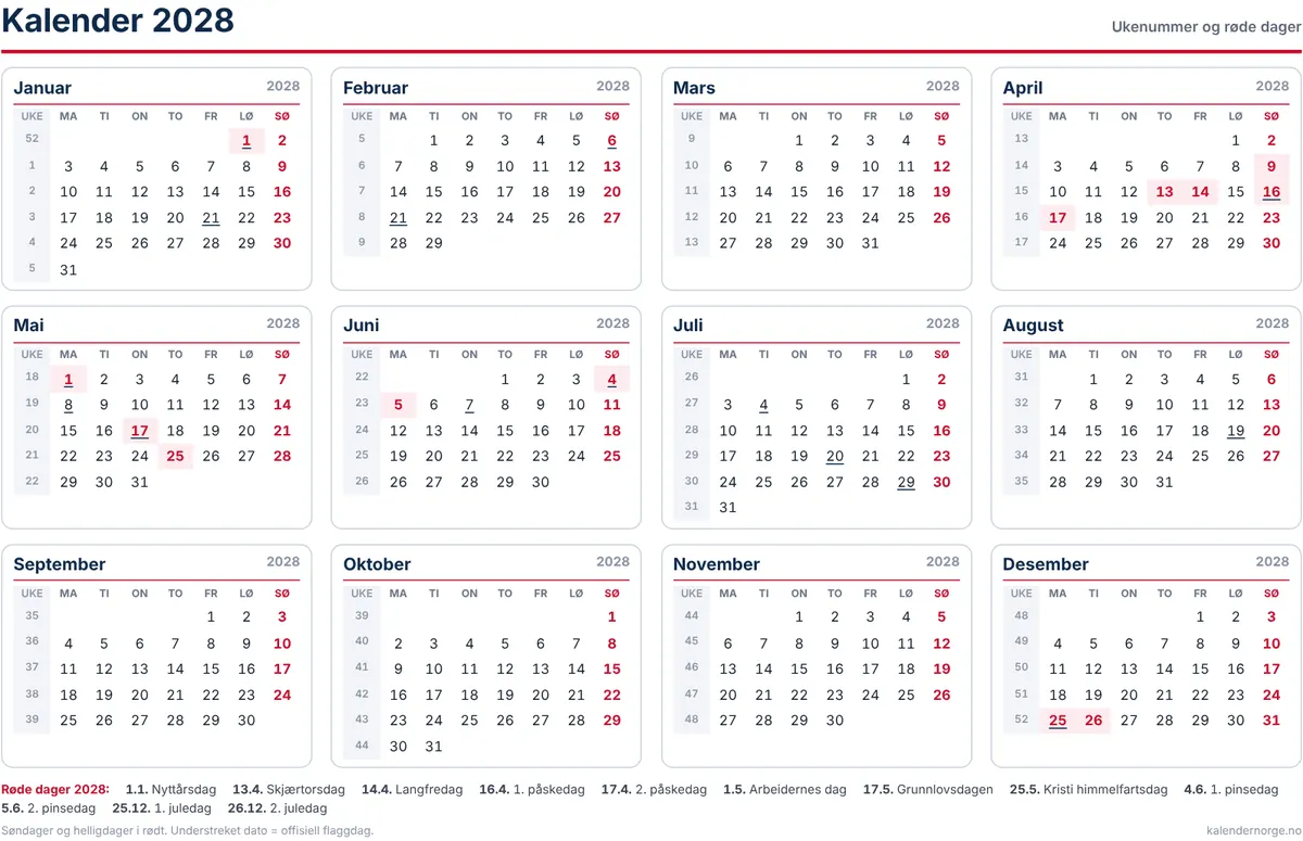 Kalender 2028 med ukenummer og helligdager til utskrift på A4