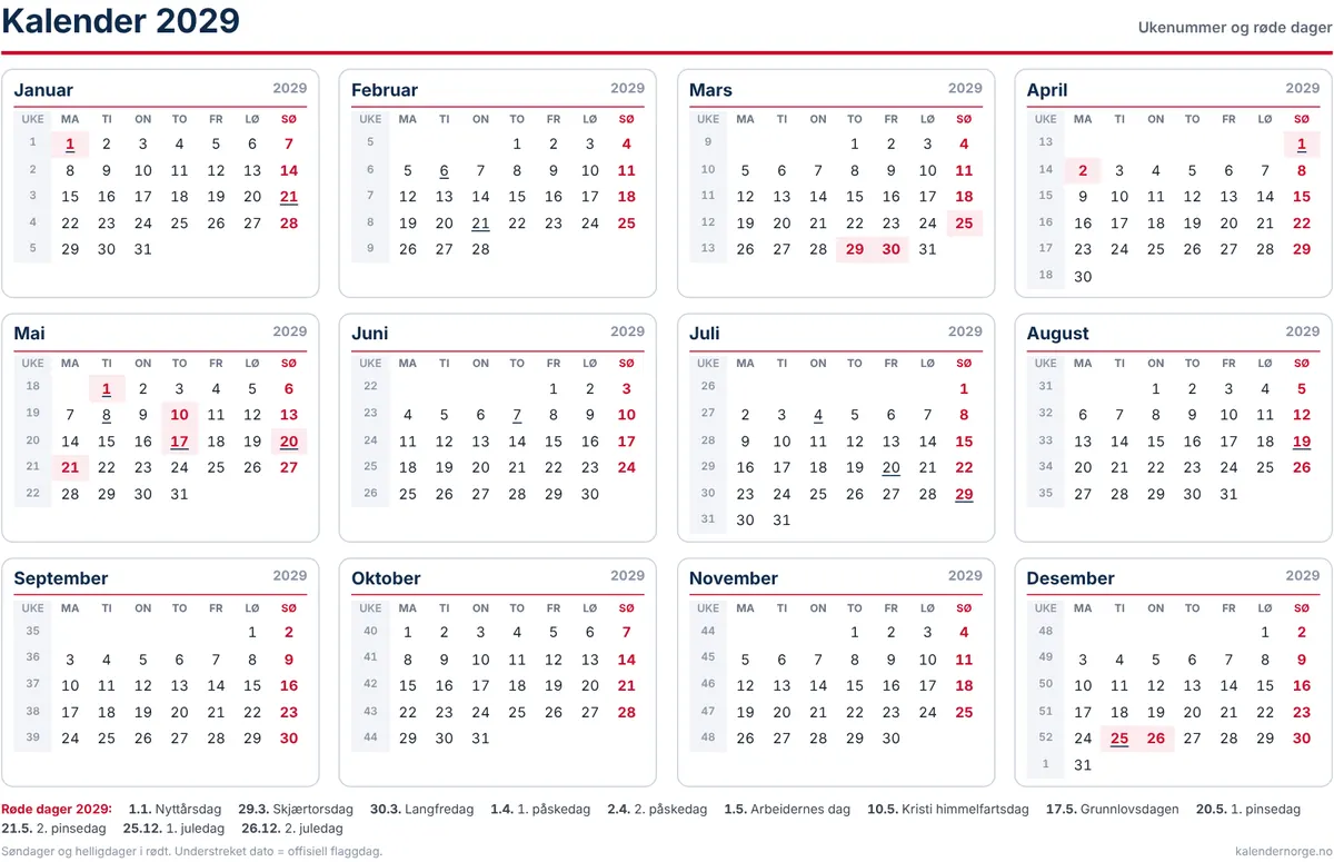 Kalender 2029 med ukenummer og helligdager til utskrift på A4
