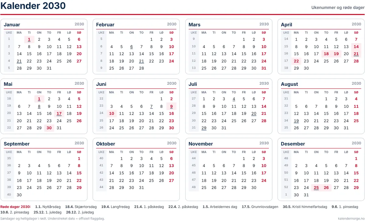 Kalender 2030 med ukenummer og helligdager til utskrift på A4