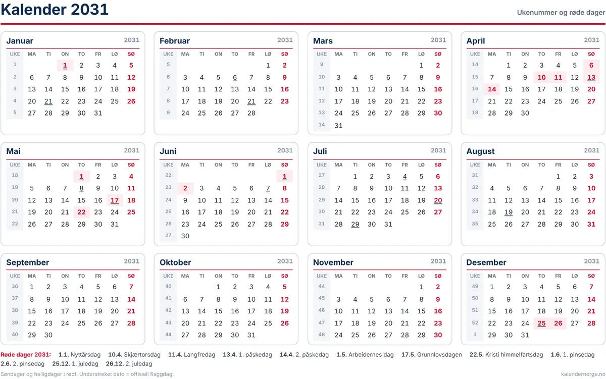 Kalender 2031 med ukenummer og helligdager til utskrift på A4