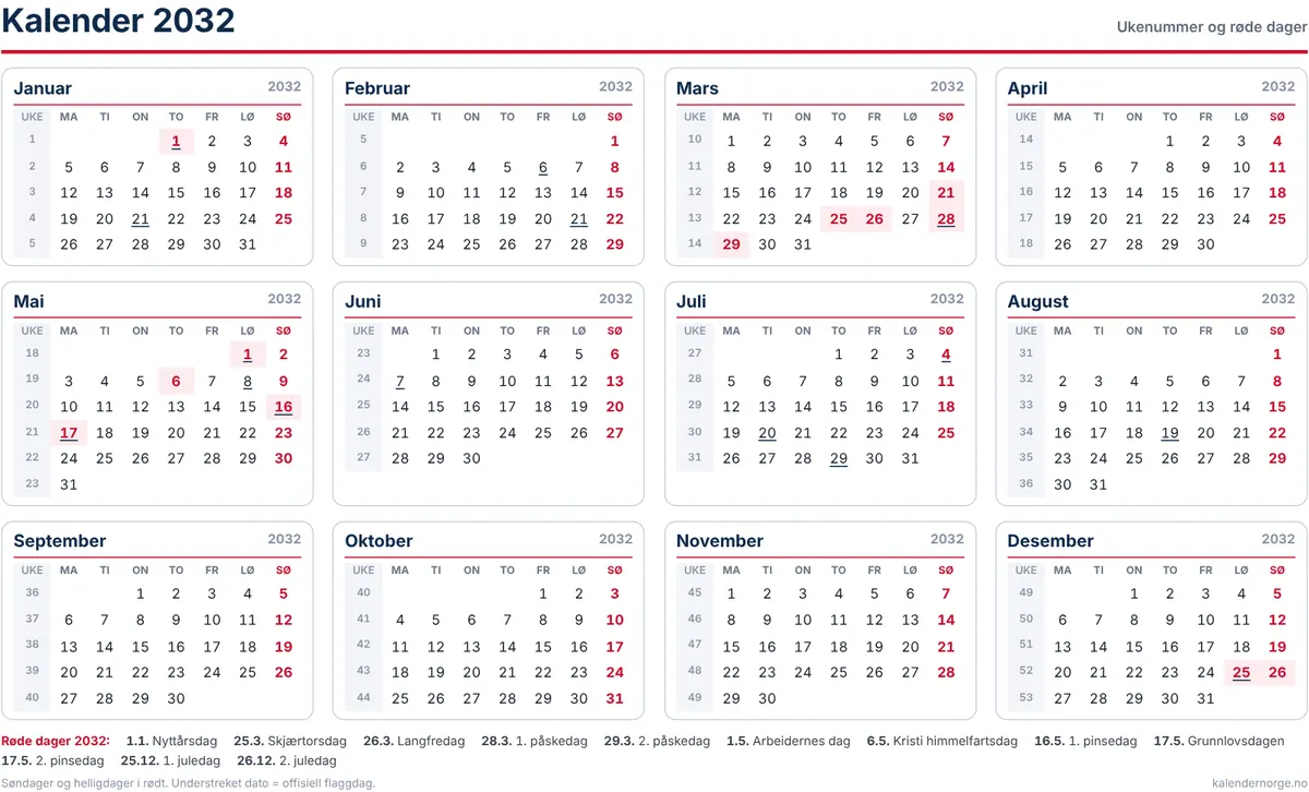Kalender 2032 med ukenummer og helligdager til utskrift på A4
