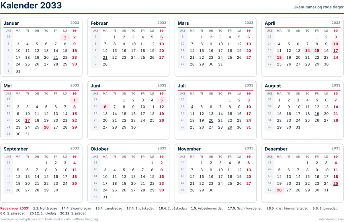 Kalender 2033 med ukenummer og helligdager til utskrift på A4